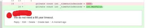 Code review comment pointing out an unnecessarily large timeout value in a diff