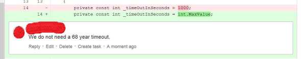 Code review comment pointing out an unnecessarily large timeout value in a diff