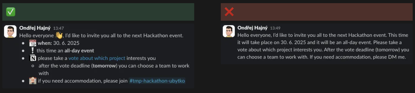 Slack screenshot showing a structured message with formatting, bullet points, and links