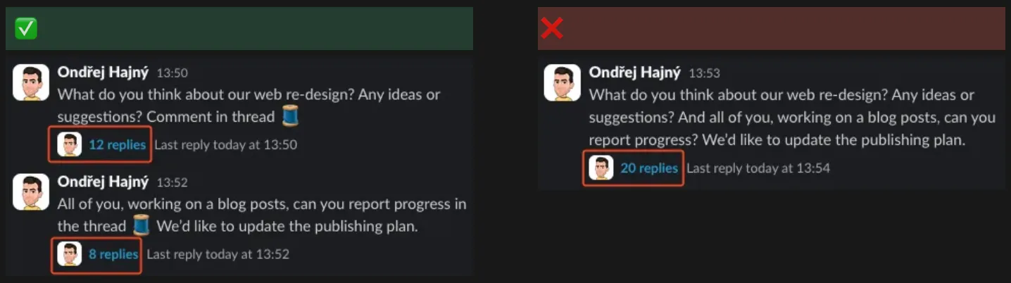 Slack screenshot showing separate messages split by topic so each thread stays focused