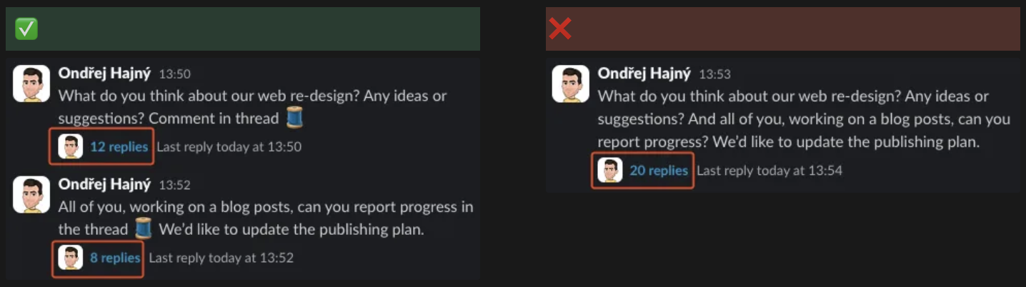 Slack screenshot showing separate messages split by topic so each thread stays focused