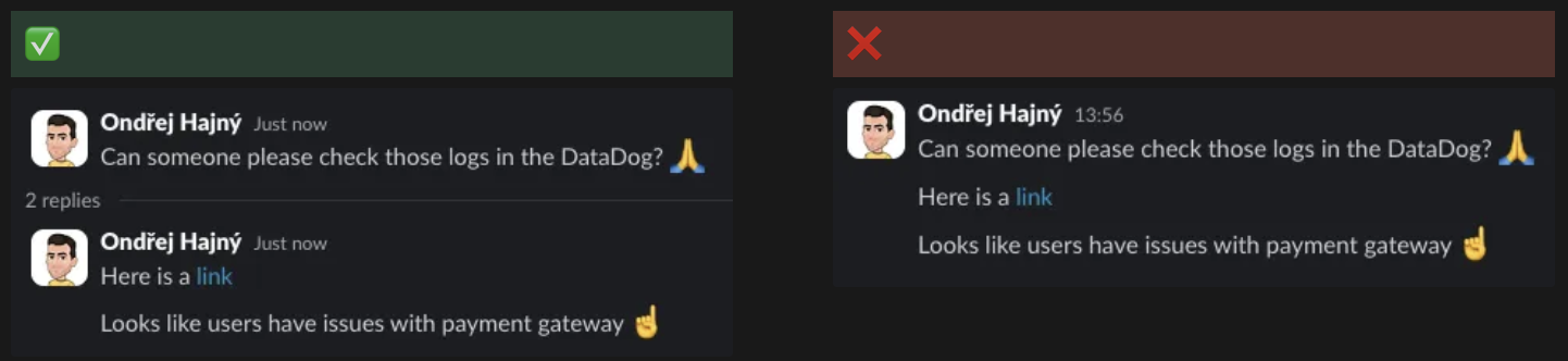 Slack screenshot showing a reply inside a thread to keep the main channel uncluttered