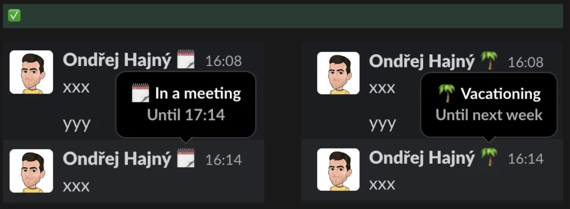 Slack screenshot showing the status picker with options such as In a meeting, On vacation, and custom statuses