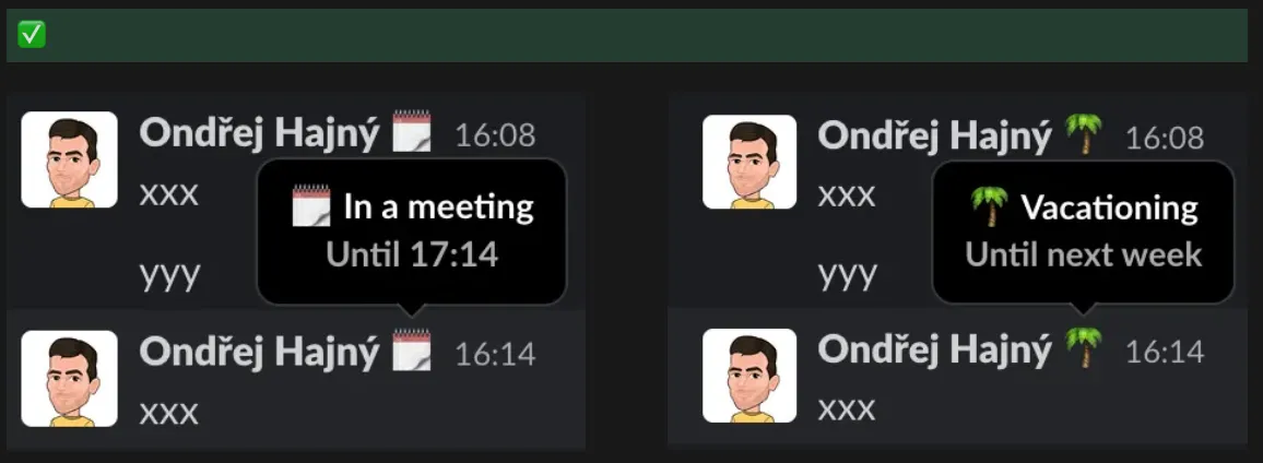 Slack screenshot showing the status picker with options such as In a meeting, On vacation, and custom statuses