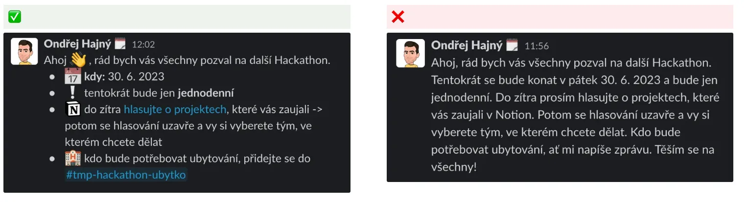 Snímek obrazovky Slacku ukazující zprávu se strukturovaným formátováním, odrážkami a odkazy