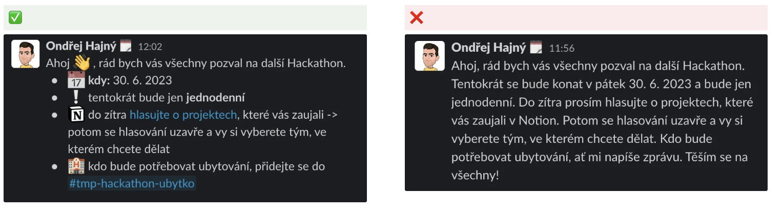 Snímek obrazovky Slacku ukazující zprávu se strukturovaným formátováním, odrážkami a odkazy