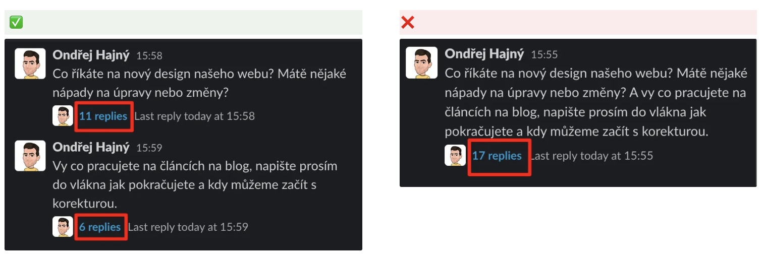 Snímek obrazovky Slacku ukazující zprávy rozdělené podle témat, aby se každé vlákno týkalo jedné věci