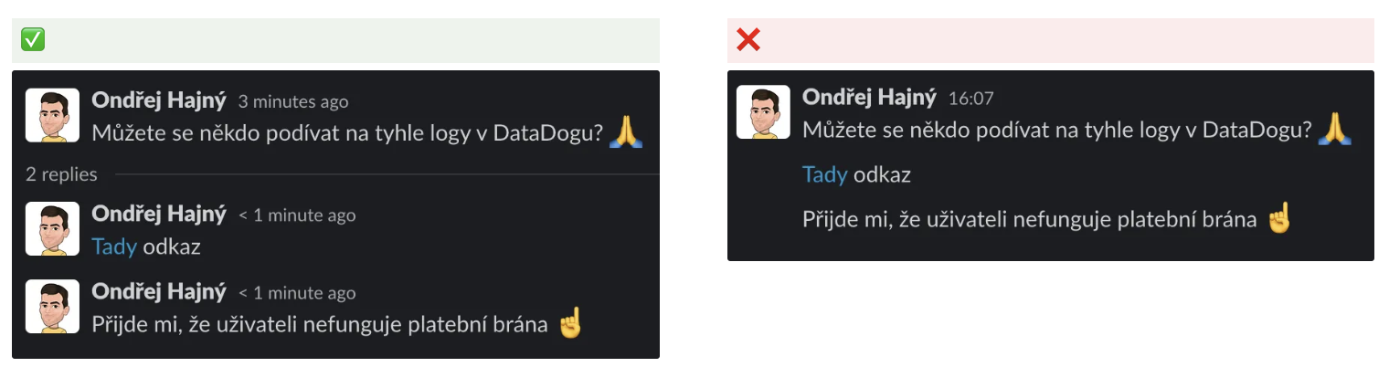 Snímek obrazovky Slacku ukazující odpověď ve vlákně, aby hlavní kanál zůstal přehledný