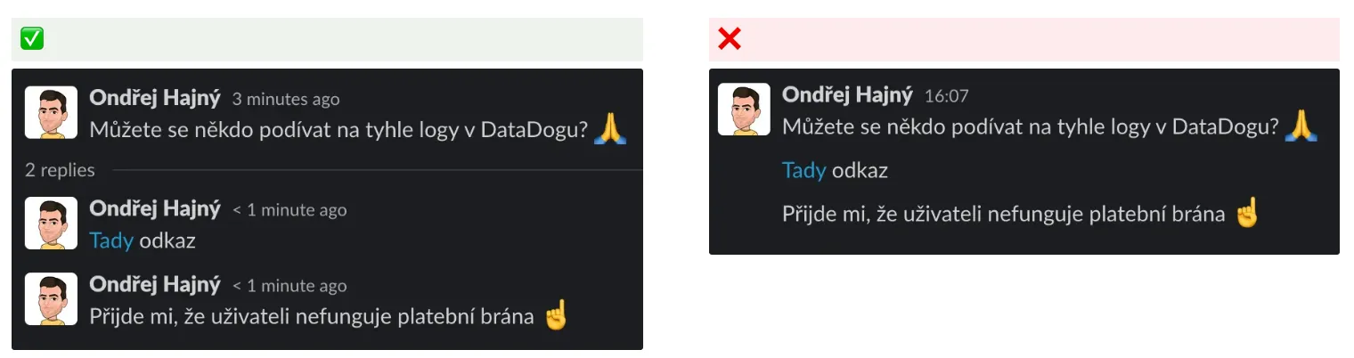 Snímek obrazovky Slacku ukazující odpověď ve vlákně, aby hlavní kanál zůstal přehledný